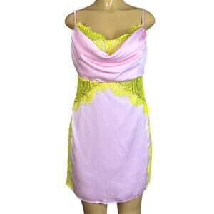 Fore Sleeveless Dress Draped Neck Eyelash Lace Pink Yellow Size Large